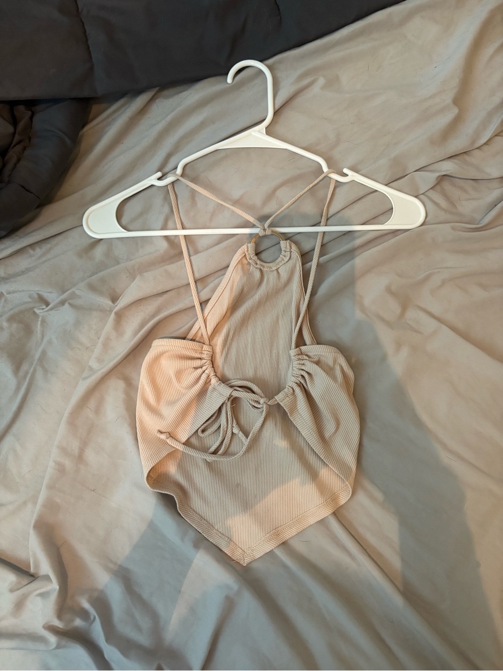 Beige Ribbed Halter Crop Top - Picture 2 of 2